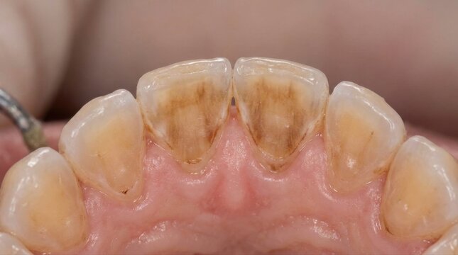 Dental Macro View of Stained Lower Teeth Requiring Professional Cleaning dirty teeth