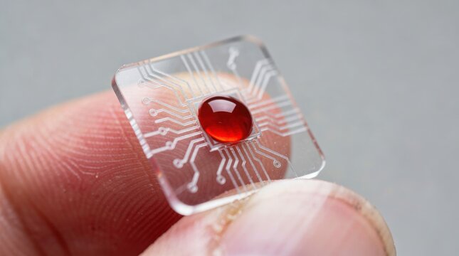 A close-up of a finger holding a transparent microchip with a red droplet on its surface, symbolizing the fusion of biology and technology.