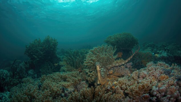 Marine life featuring poisonous Laticauda colubrina cruising tropical seabed with copy space