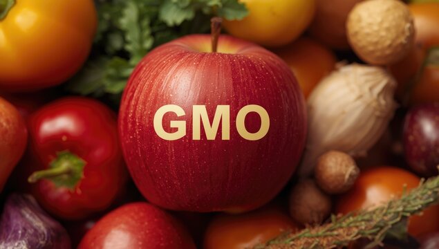 Red apple with GMO label surrounded by assorted vegetables