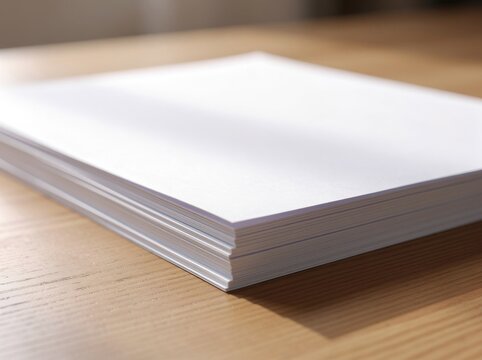 A close-up image of a neat stack of blank white paper sheets on a wooden surface.