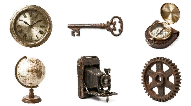 Vintage clock and mechanical objects on black background