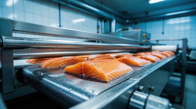 Fresh salmon fillets are processed on a conveyor belt in a modern fish processing facility.