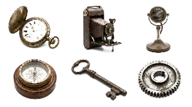 Vintage objects in grid, antique clockwork mechanisms and devices