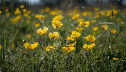 Obraz premium Sunny spring afternoon showcasing flourishing yellow poppies and grass