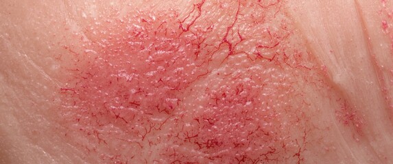 Fototapeta premium High magnification of skin displaying rosacea symptoms with red patches and visible capillary networks