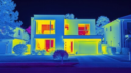 Thermal image of a modern two-story house showing heat distribution with warmer areas in yellow and cooler areas in blue. © TransPicHub