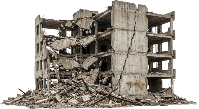 A severely damaged concrete building with multiple floors collapsed and debris scattered at its base destruction ruin architecture transparent background