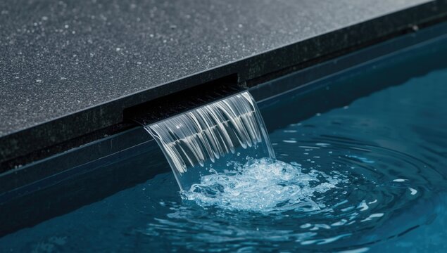 Efficient black pool overflow gutter positioned alongside modern swimming pool edge