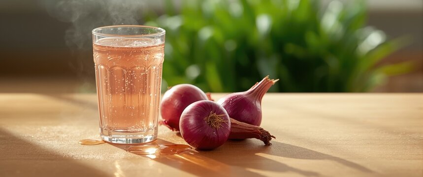 Organic onion juice extraction shown in glass with raw onions and Allium cepa close up