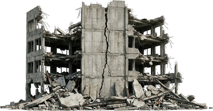 A severely damaged concrete building with broken floors exposed rebar and debris scattered around its base destroyed building ruin transparent background