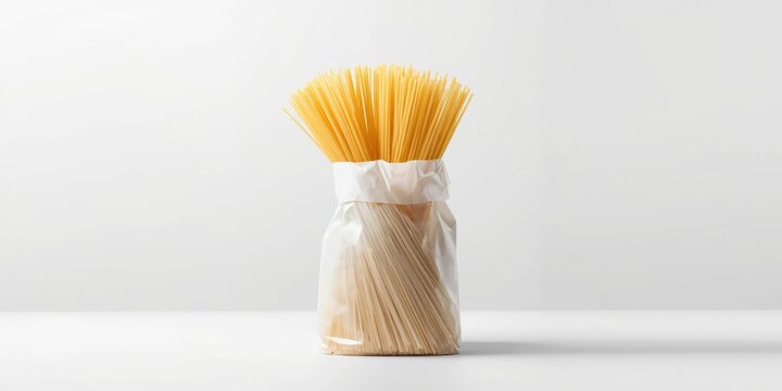 White polyethylene bag packaging filled with long spaghetti pasta on white