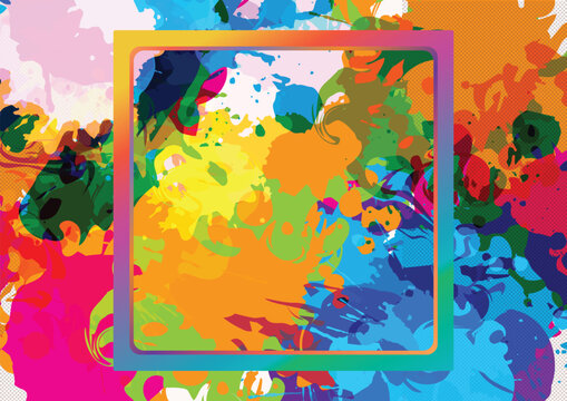 Vibrant Colorful Paint Splatter Abstract Background with Modern Frame Template, Dynamic Liquid Splash Vector Illustration for Creative Banner Design.