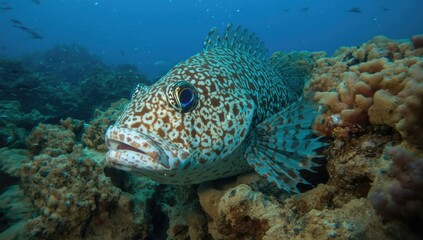Obraz premium Spotted fish swimming near coral reef underwater