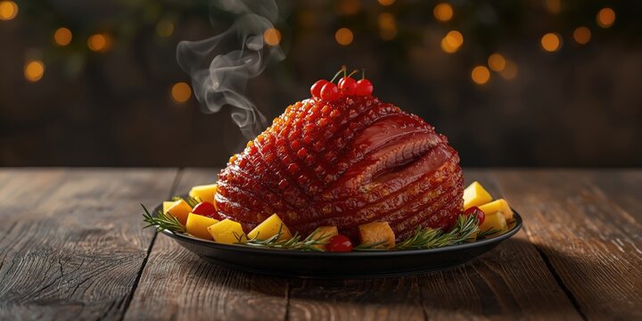 Roasted holiday ham topped with pineapple chunks and cherries