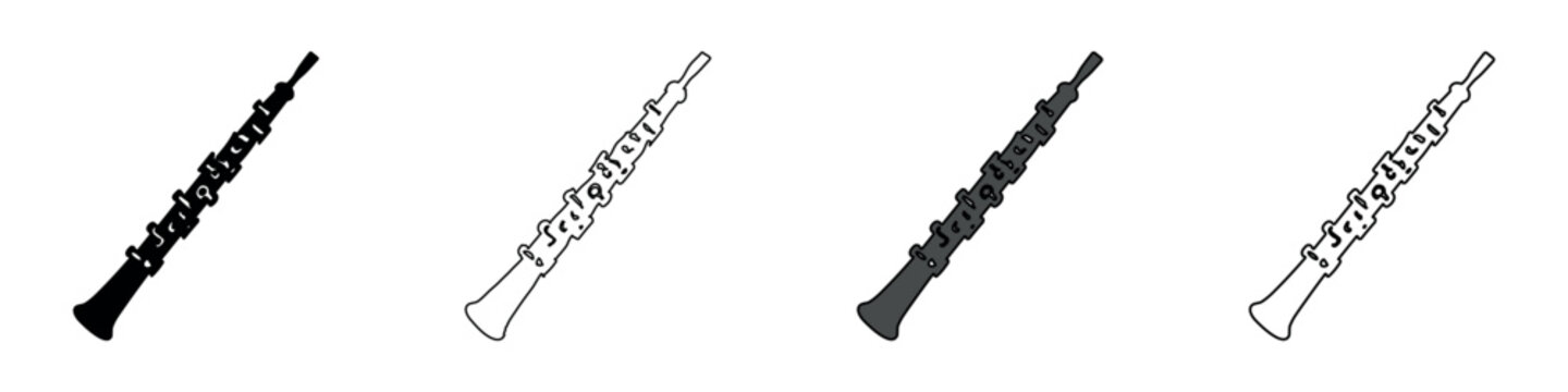 Set of four oboe illustrations in different styles, isolated on white background
