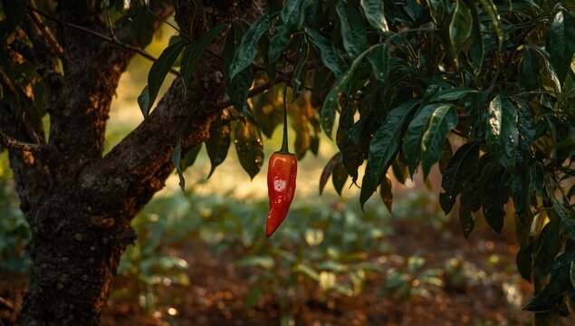 Red chili pepper hanging from a tree in a garden