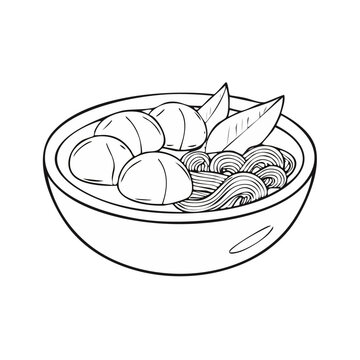 Line art drawing of a bowl of noodles with meatballs and garnish