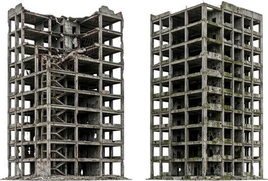 Two derelict concrete buildings with damaged floors exposed rebar and moss growth stand side by side showcasing structural decay abandoned building transparent background