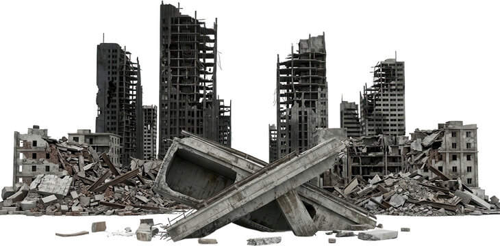 A collection of dilapidated damaged and destroyed city buildings and debris showing urban decay and ruin destroyed buildings rubble transparent background