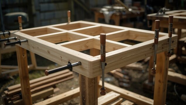 Wooden table frame under construction with clamps in workshop