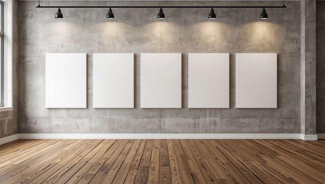 Interior with five white canvases on a concrete wall and aged hardwood floor complemented by balanced IES lighting