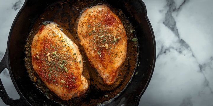 Pan-seared chicken breasts with seasoning in a cast iron skillet