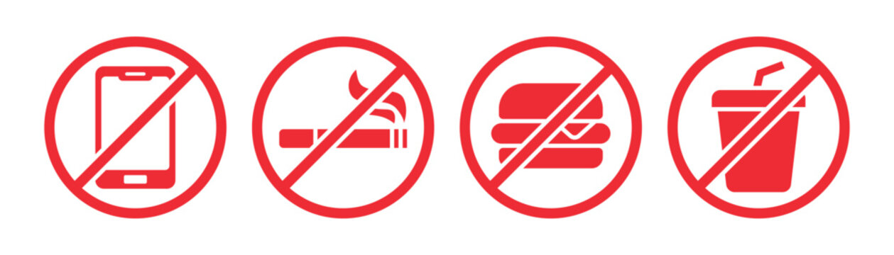 No eating and drinking icons, no mobile phone usage zone symbols, no smoking prohibition signs, restricted and banned activity concepts, clean vector design elements for signage, workplaces