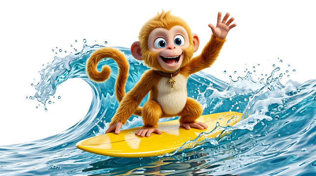 Cute Happy Cartoon Monkey Surfing on Yellow Surfboard Riding Ocean Wave. monkey, surfing, cartoon, primate, surfboard, ocean wave, cute, 3d character, png, happy monkey, surfing monkey, cartoon animal