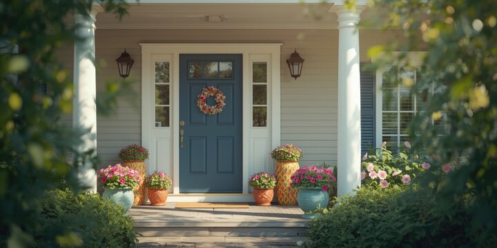 Charming front porch with colorful flowers and blue door