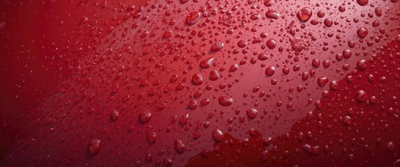 Fototapeta premium Rainfall causing water beads on reflective red car surface showcasing advanced hydrophobic layer