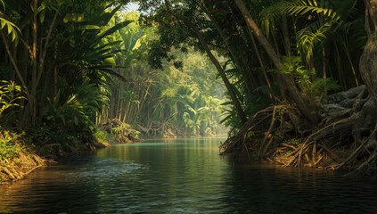 Fototapeta premium Winding river in a verdant tropical forest with abundant riverbank trees