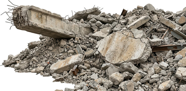 A pile of broken concrete rubble and exposed rebar representing destruction and demolition debris construction material waste urban transparent background