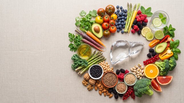 A flat lay composition of various healthy food ingredients arranged in a circle around a clear glass model of a human liver, set against a beige fabric background