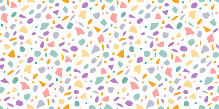 Colorful terrazzo pattern with irregular shapes on a white background