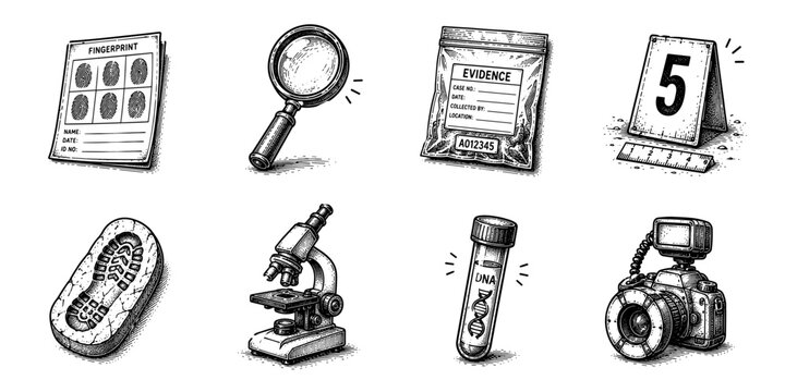 Forensic investigation sketch icon collection in black. Set of evidence, fingerprints and crime scene icons in doodle style