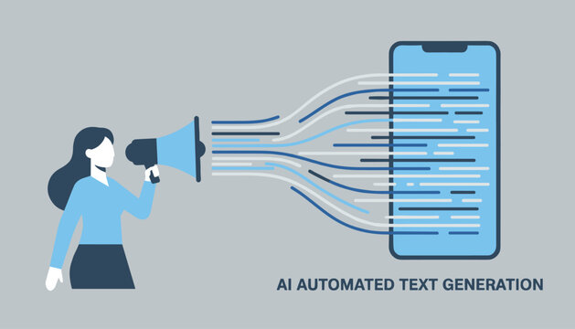 Woman uses a megaphone to send structured lines of text directly into a smartphone for AI automated generation.