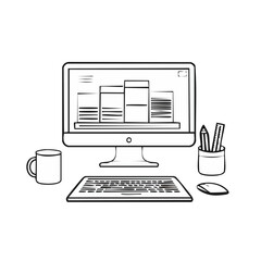 Fototapeta premium Hand-drawn computer desk with monitor displaying charts, keyboard, mouse, mug, and writing tools