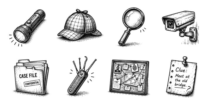Detective investigation sketch icon collection in black. Set of clues, surveillance and case solving icons in doodle style