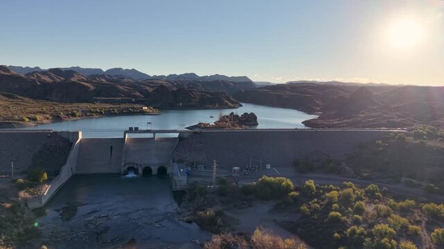Aerial view of El Tigre dam and reservoir in San Rafael, Mendoza, Argentina