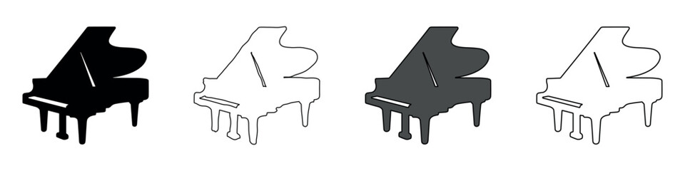 Collection of four grand piano icons in silhouette and outline styles © Ophelia