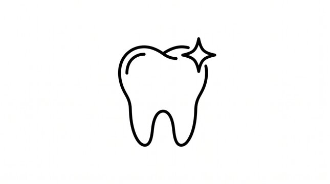 Minimalist tooth line icon with sparkle, clean dental health symbol, professional dentistry logo element on white background