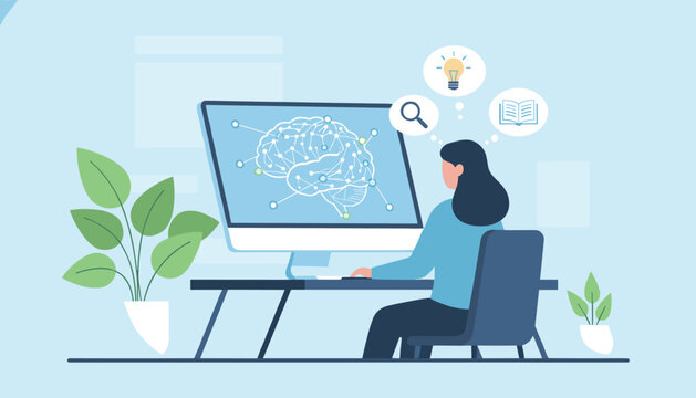Researcher studying brain function and neural networks on a computer screen for cognitive science development.
