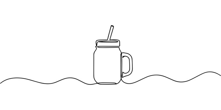 mason jar  continuous one line drawing, A refreshing drink illustration, depicted in a single, unbroken line, isolated on, showcasing a mason jar with a straw