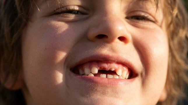 Close up Portrait of a Happy Child with Missing Baby Teeth dirty teeth