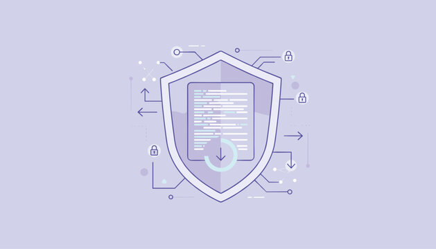 Data security and file protection concept with a safety shield enclosing a document with download arrow.