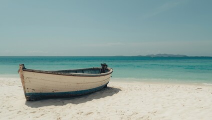 Obraz premium Boat on a sandy beach with clear blue water