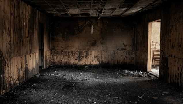 Burned interior of an abandoned room with dark walls and debris