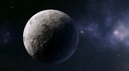 Fototapeta premium Moon in outer space against the background of stars, planets, galaxies, and nebulae. Craters are on the moon's surface, which is a satellite. 3D render