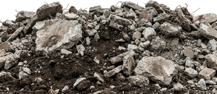 A large pile of rough broken concrete rubble and dirt with exposed steel rebar fragments debris construction waste demolition destruction transparent background